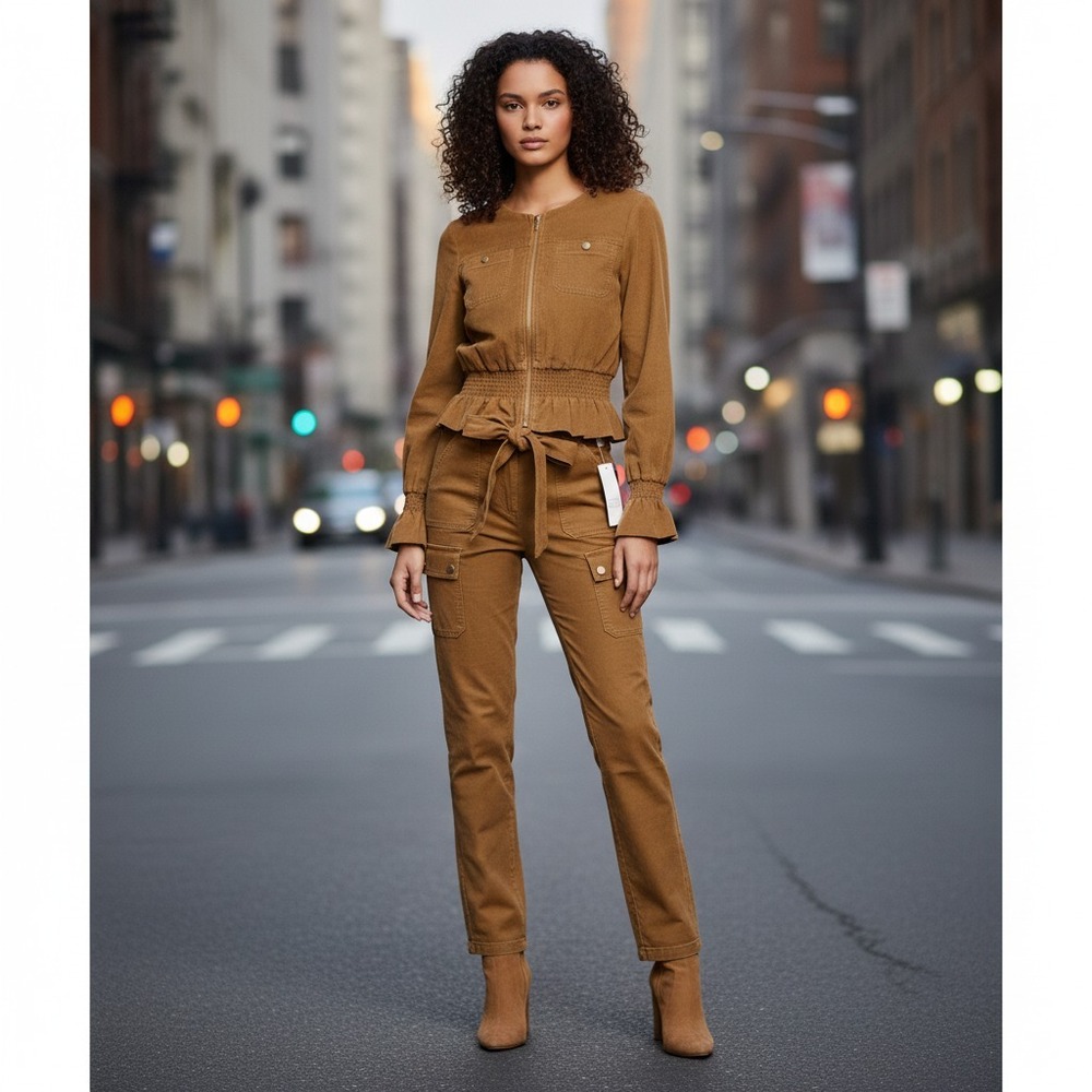 White House Black Market Brown tracksuit Jacket S cargo Pants 0 Stretch Set NEW